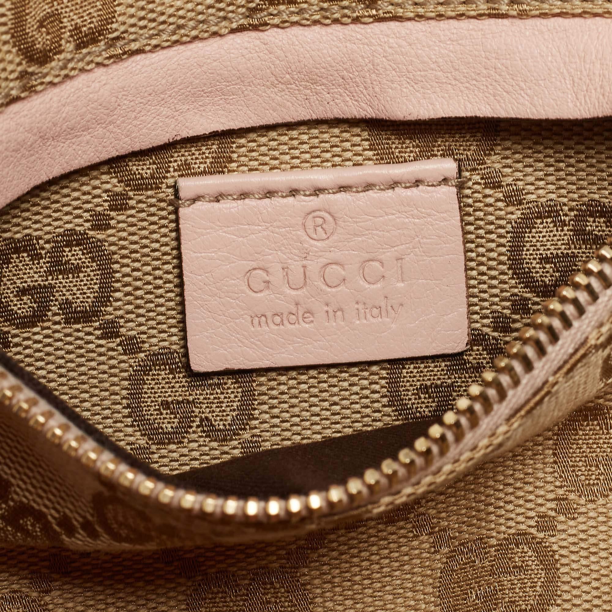 Gucci Gürteltasche aus Segeltuch und Leder mit doppelter Tasche in Beige/Rosa Damen im Angebot