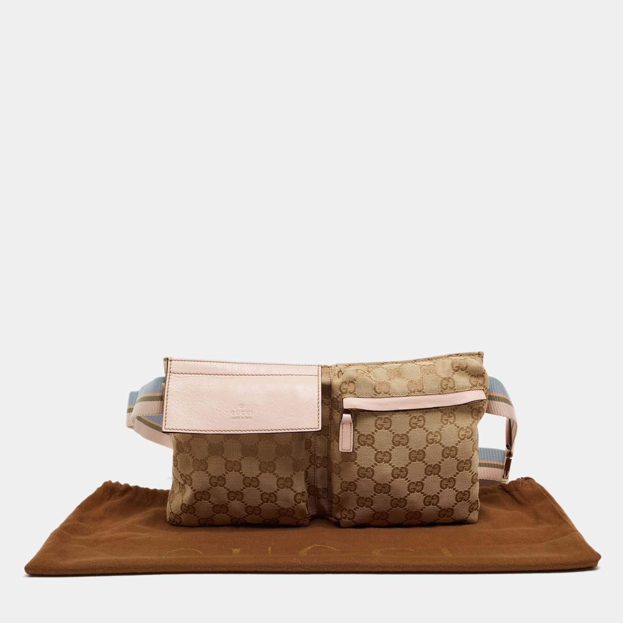 Gucci Gürteltasche aus Segeltuch und Leder mit doppelter Tasche in Beige/Rosa im Angebot 3