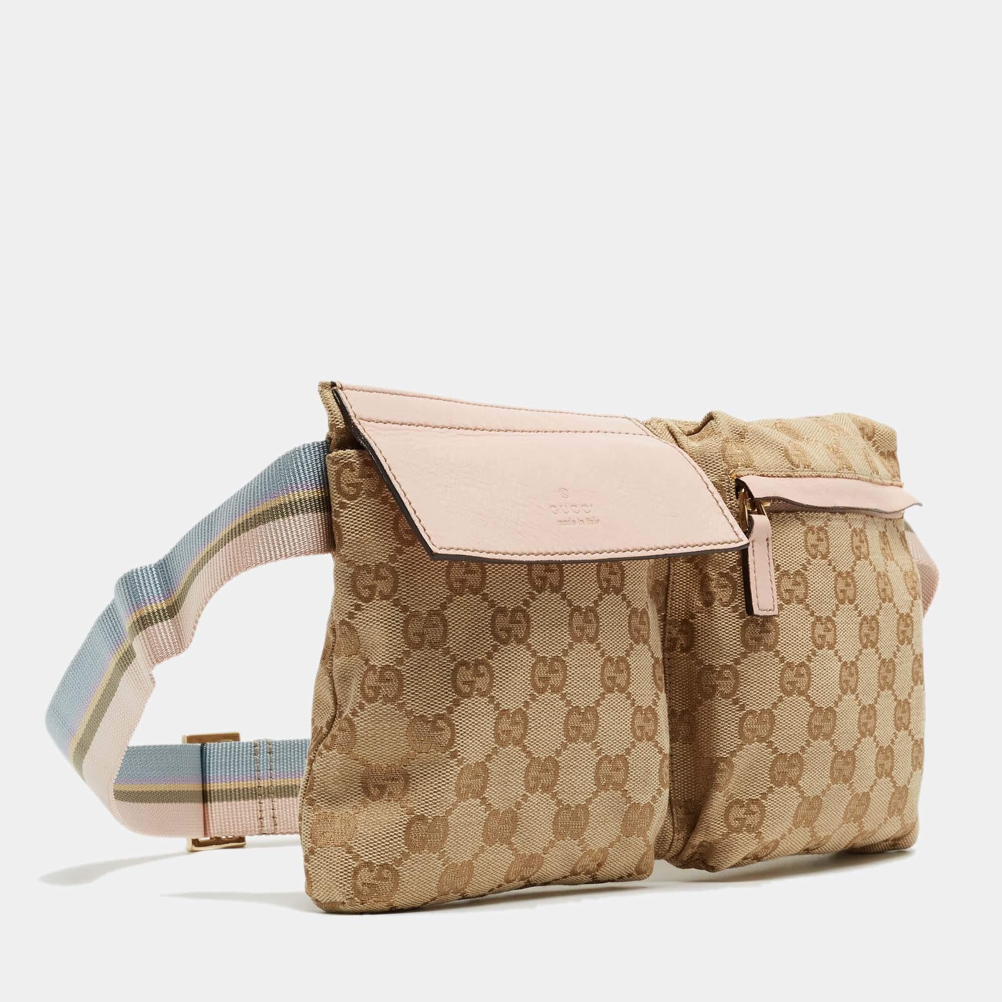 Gucci Beige/Pink GG Canvas and Leather Double Pocket Belt Bag For Sale 5