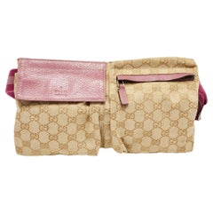 Gucci Beige/Pink GG Canvas and Leather Double Pocket Belt Bag