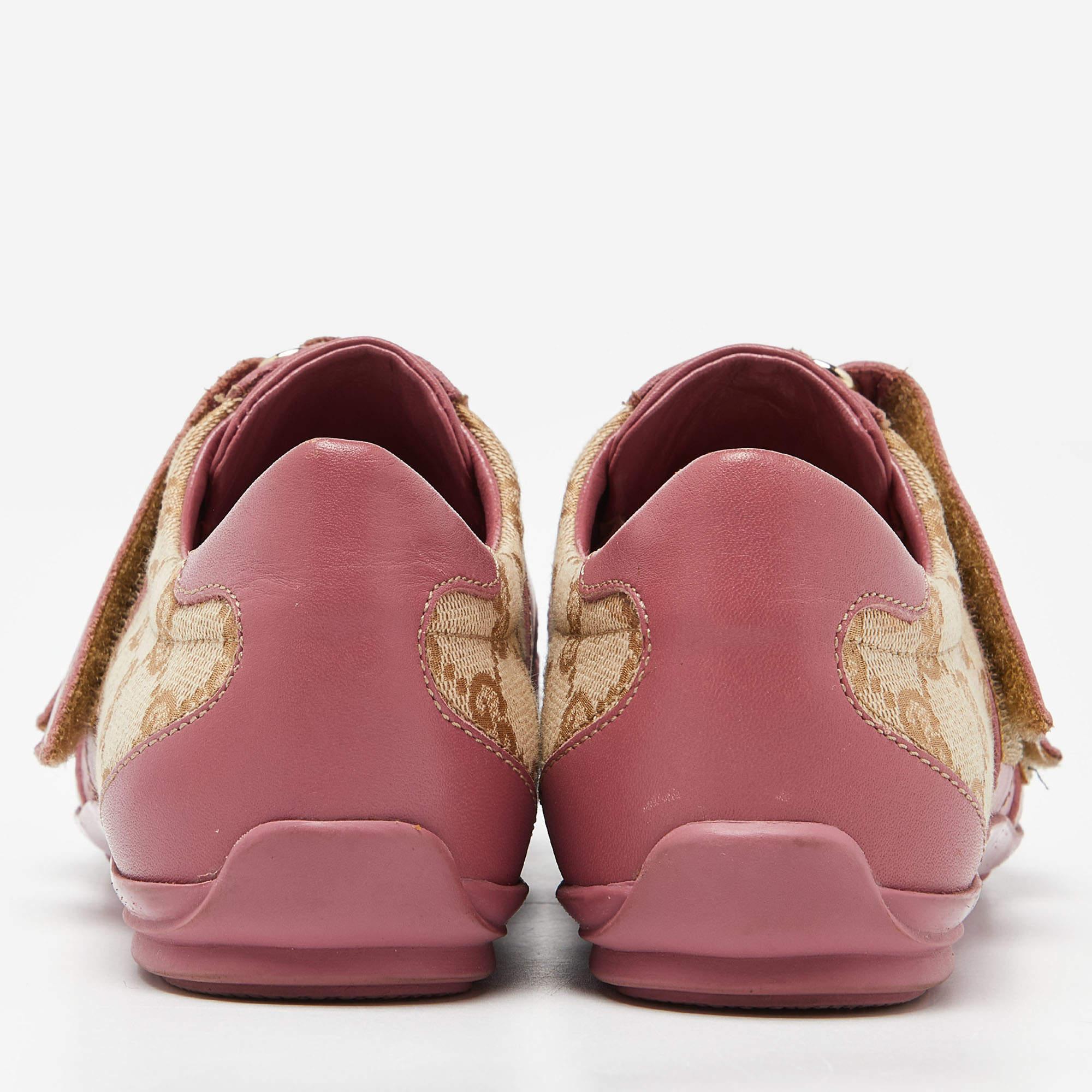 Women's Gucci Beige/Pink GG Canvas and Leather Low Top Sneakers Size 35 For Sale