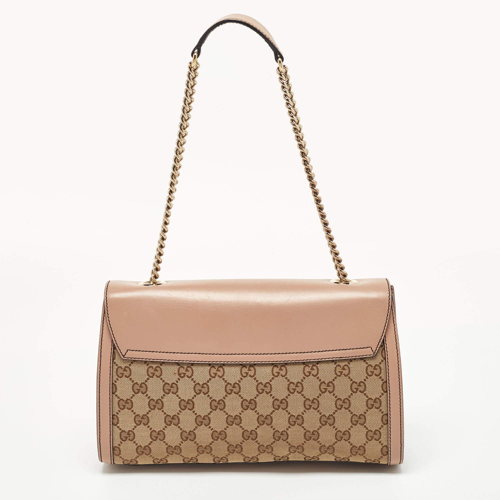 Gucci Beige/Pink GG Canvas and Leather Medium Emily Chain Shoulder Bag 6