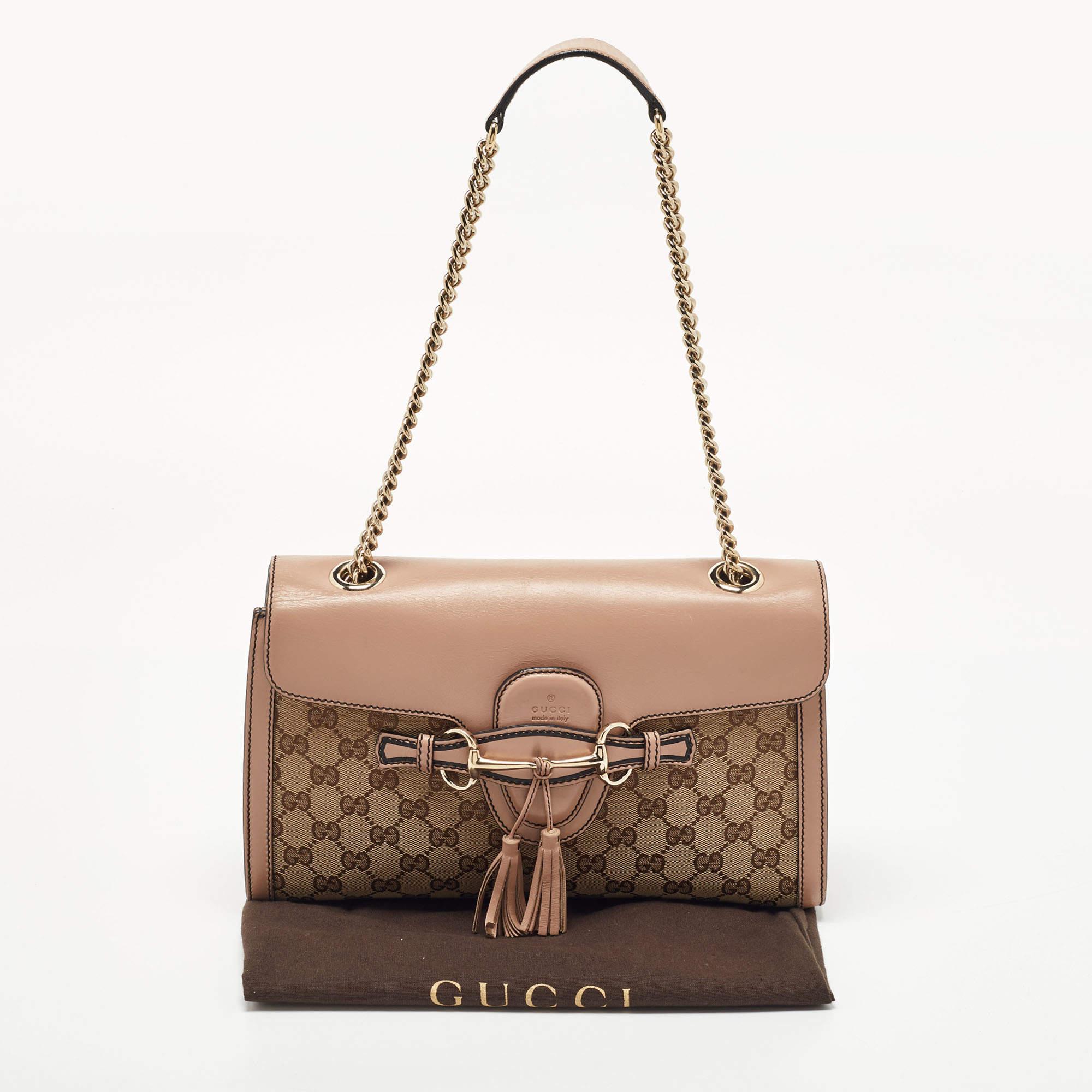 Gucci Beige/Pink GG Canvas and Leather Medium Emily Chain Shoulder Bag 11