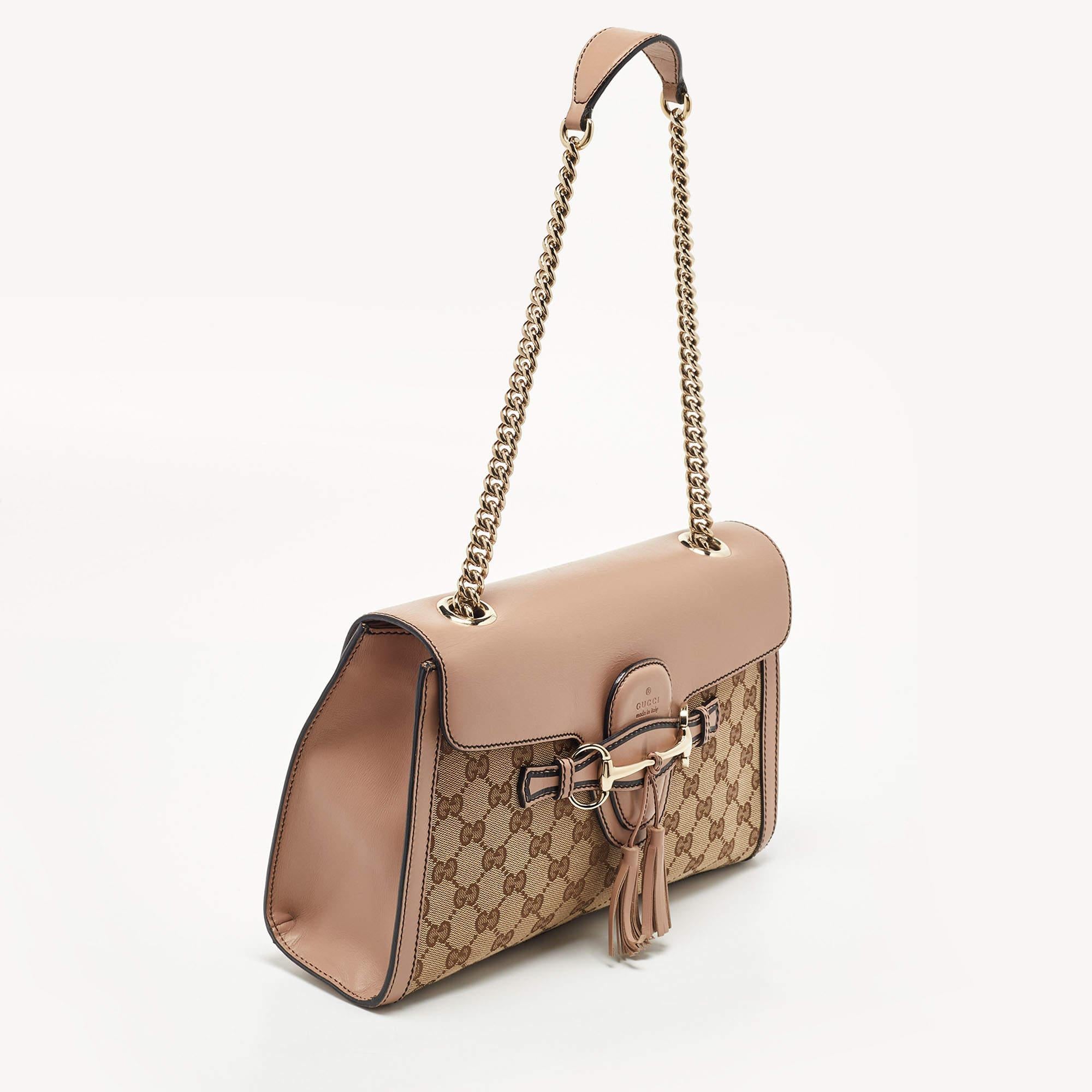 Gucci Beige/Pink GG Canvas and Leather Medium Emily Chain Shoulder Bag In Good Condition In Dubai, Al Qouz 2