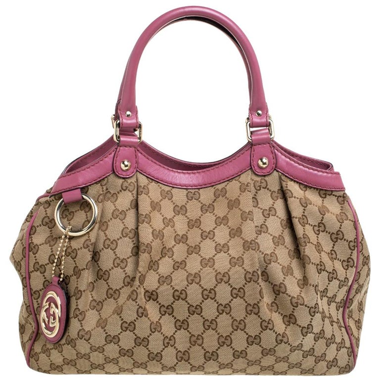 Gucci Monogram Canvas & Pink Leather Sukey Tote Bag with Gold, Lot #20045