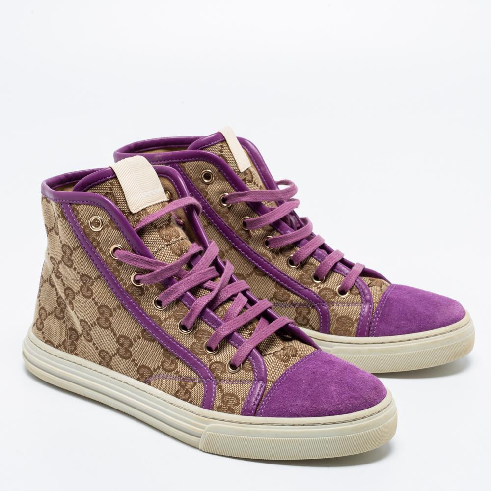 Gucci Beige/Pink GG Canvas And Suede High Top Sneakers Size 36 In Good Condition In Dubai, Al Qouz 2
