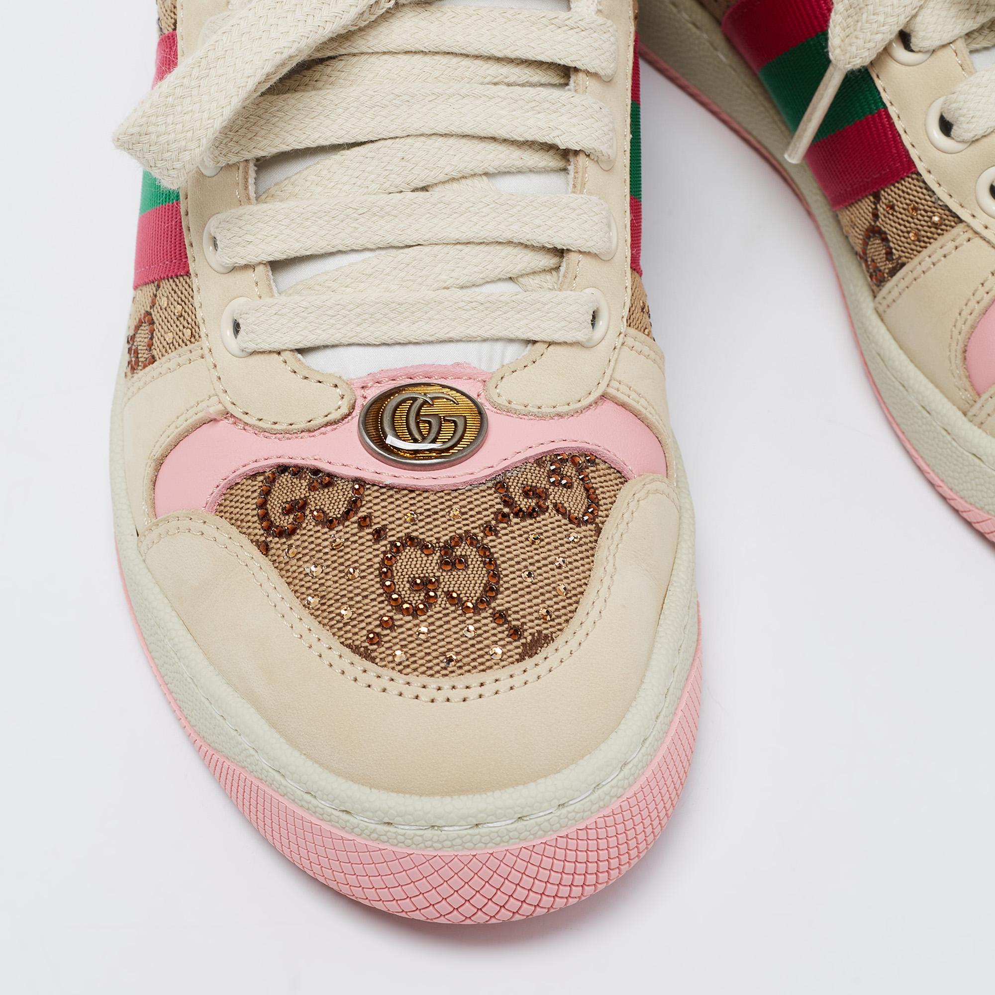 Gucci Beige/Pink GG Canvas Nubuck Screener Embellished Sneakers Size 35.5 In Good Condition In Dubai, Al Qouz 2