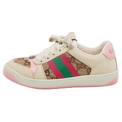 Gucci Beige/Rosa GG Segeltuch Nubuck Siebdruck Turnschuhe mit Verzierungen Größe 35.5