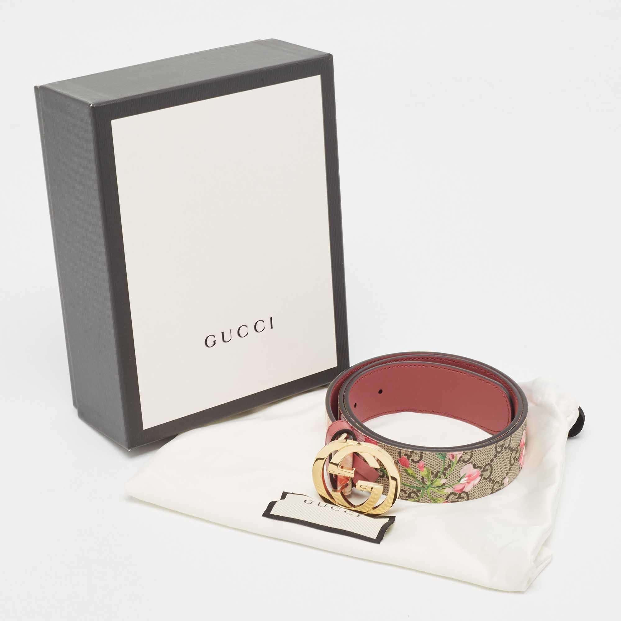 Gucci Beige/Pink GG Supreme Blooms Print Canvas Interlocking G Buckle Belt 80CM In New Condition In Dubai, Al Qouz 2