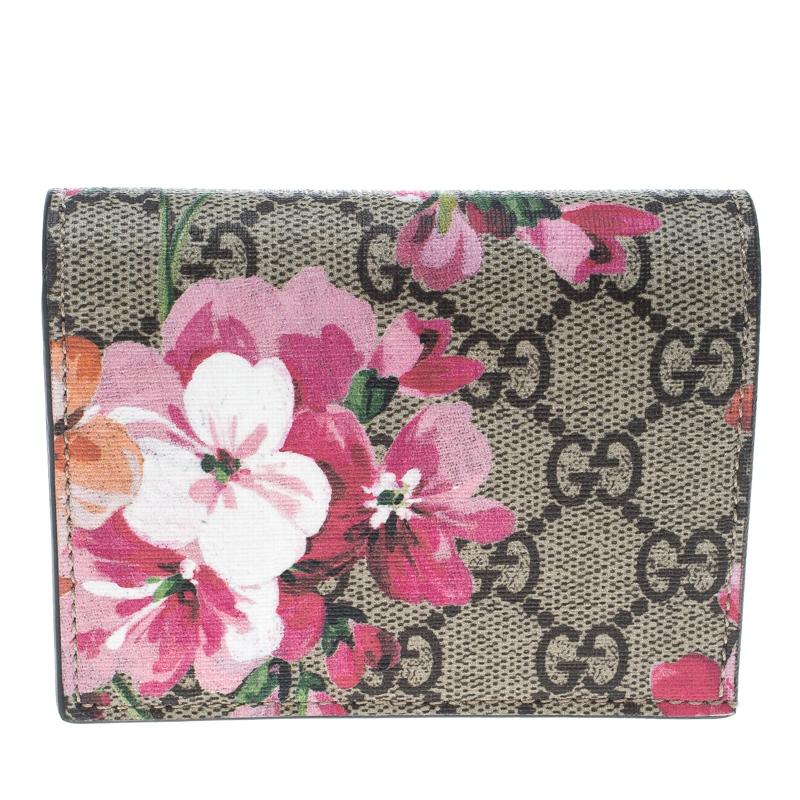 Gucci Beige/Pink GG Supreme Canvas Blooms Card Case