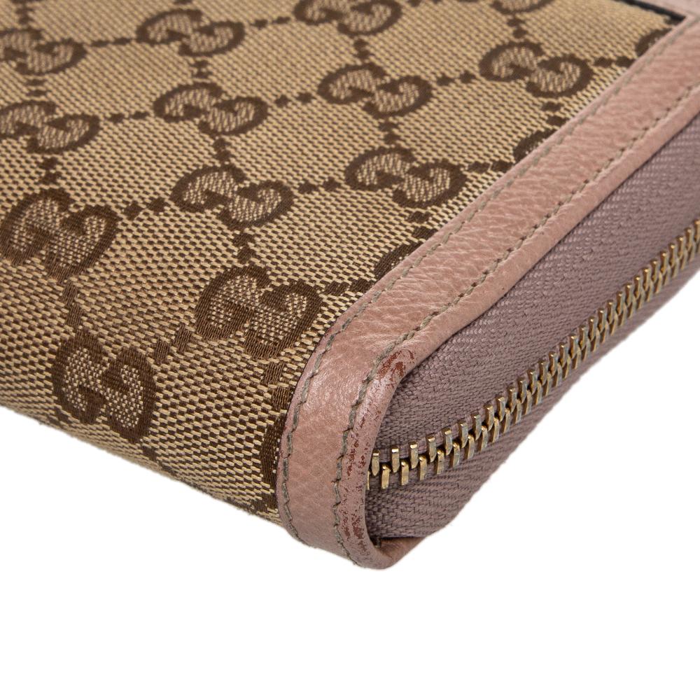 Women's Gucci Beige/Pink Leather And GG Canvas Bree Zip Around Wallet