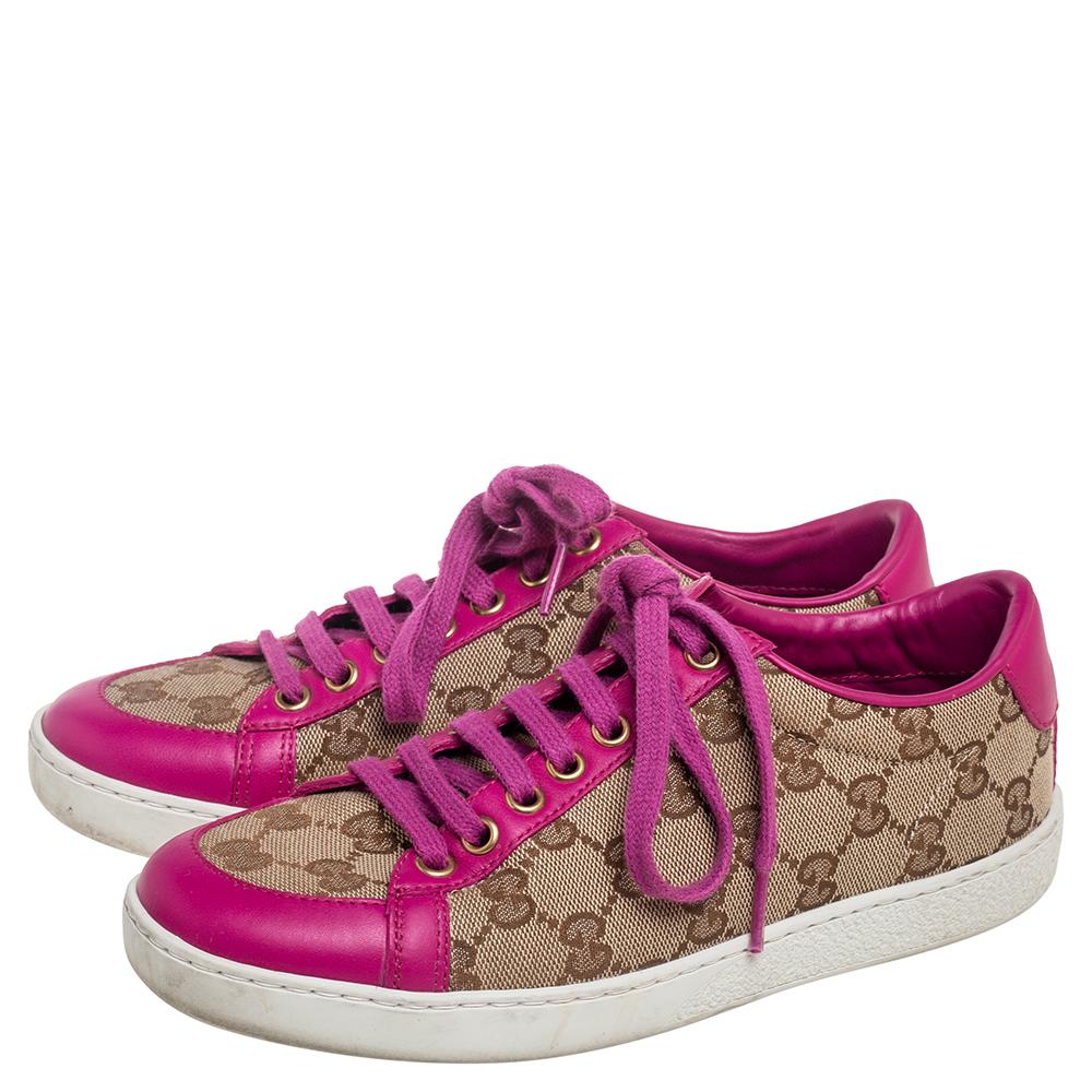 Gucci Beige/Pink Leather And GG Supreme Canvas Low Top Sneakers Size 35 1