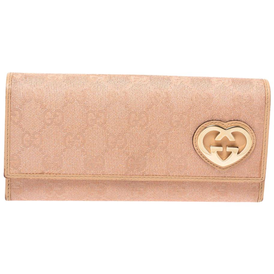 Gucci Beige/Pink Shimmer GG Canvas Lovely Heart Continental Wallet For Sale  at 1stDibs