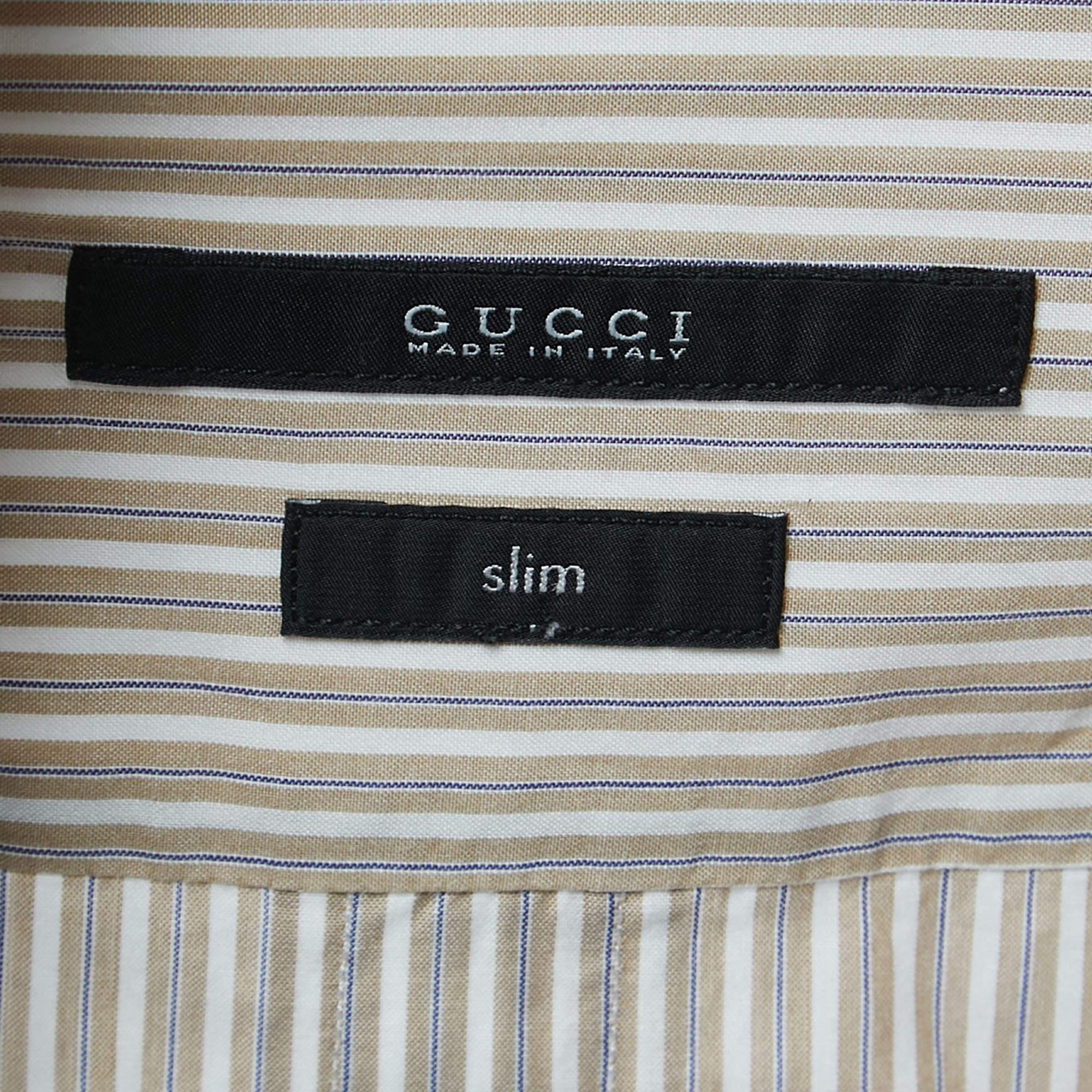 Gucci Beige Pinstripe Cotton Button Front Double Cuff Shirt M In Good Condition For Sale In Dubai, Al Qouz 2