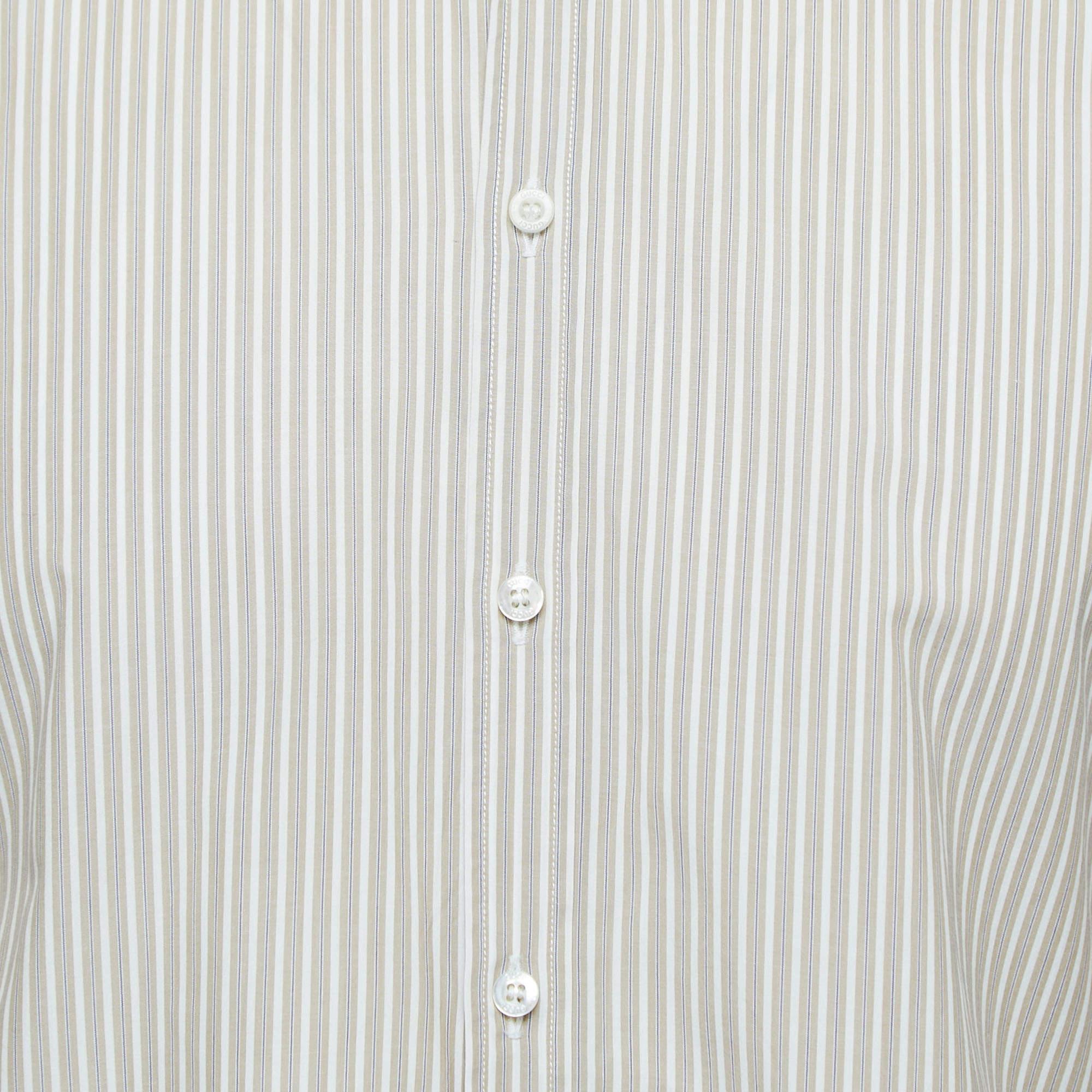 Gucci Beige Pinstripe Cotton Button Front Double Cuff Shirt M For Sale 1