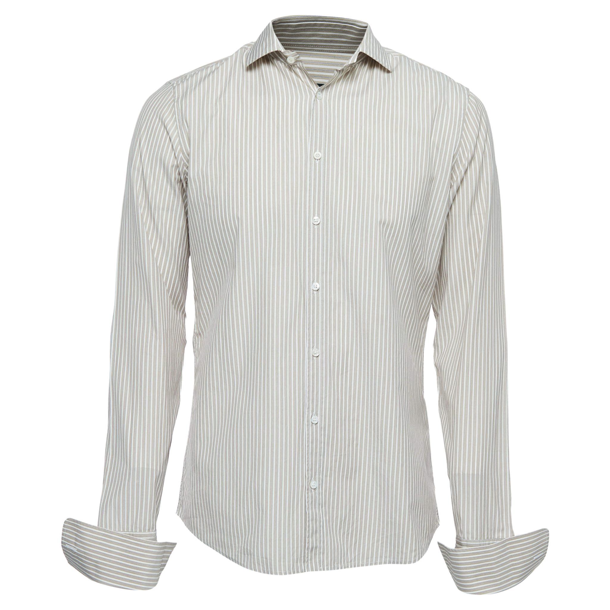 Gucci Beige Pinstripe Cotton Button Front Double Cuff Shirt M For Sale