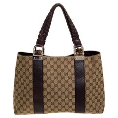 Gucci Beige/Purple GG Canvas and Leather Medium Bamboo Bar Tote