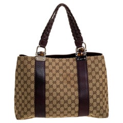 Gucci Beige/Purple GG Canvas and Leather Medium Bamboo Bar Tote
