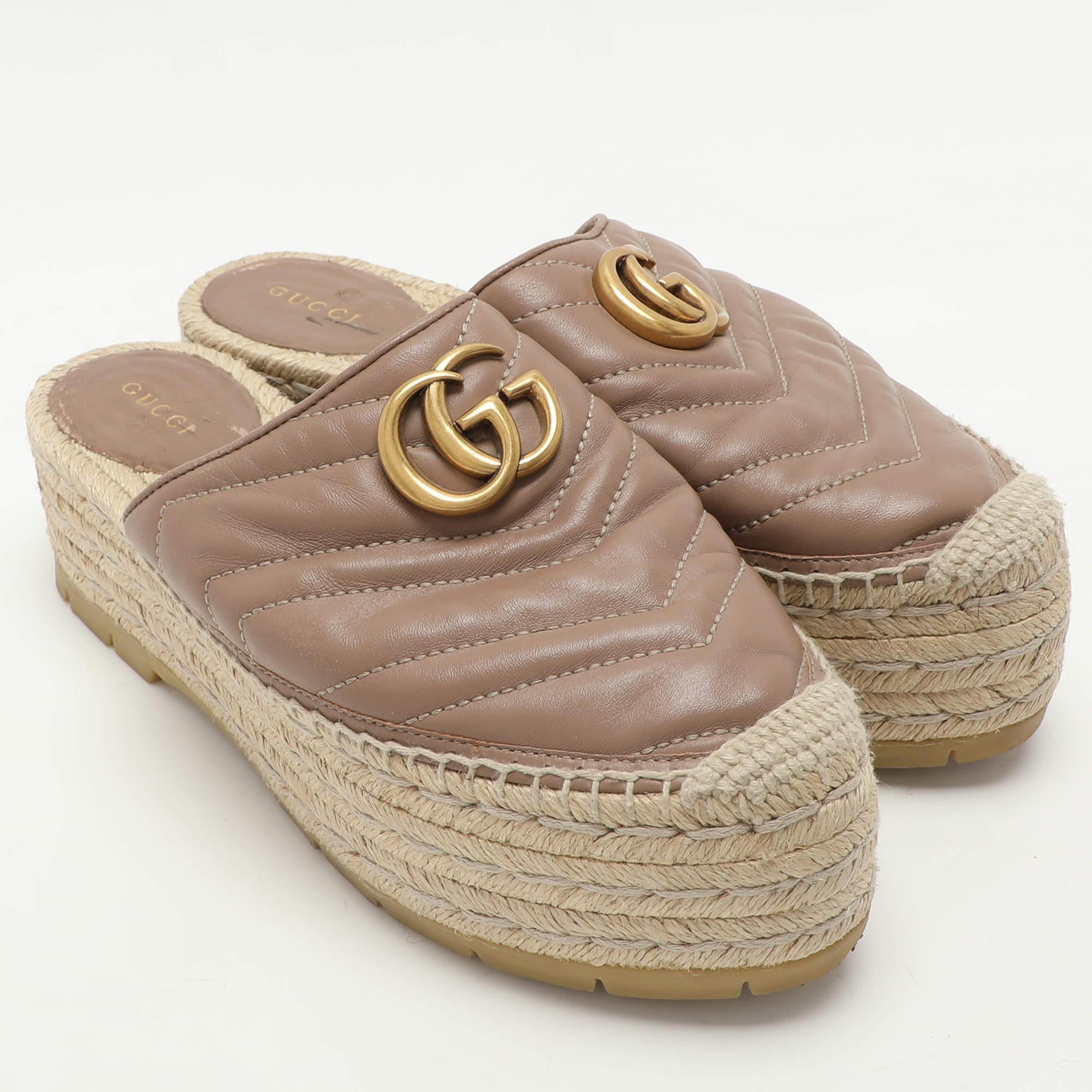 Women's Gucci Beige Quilted Leather GG Marmont Platform Espadrille Flats Size 37.5