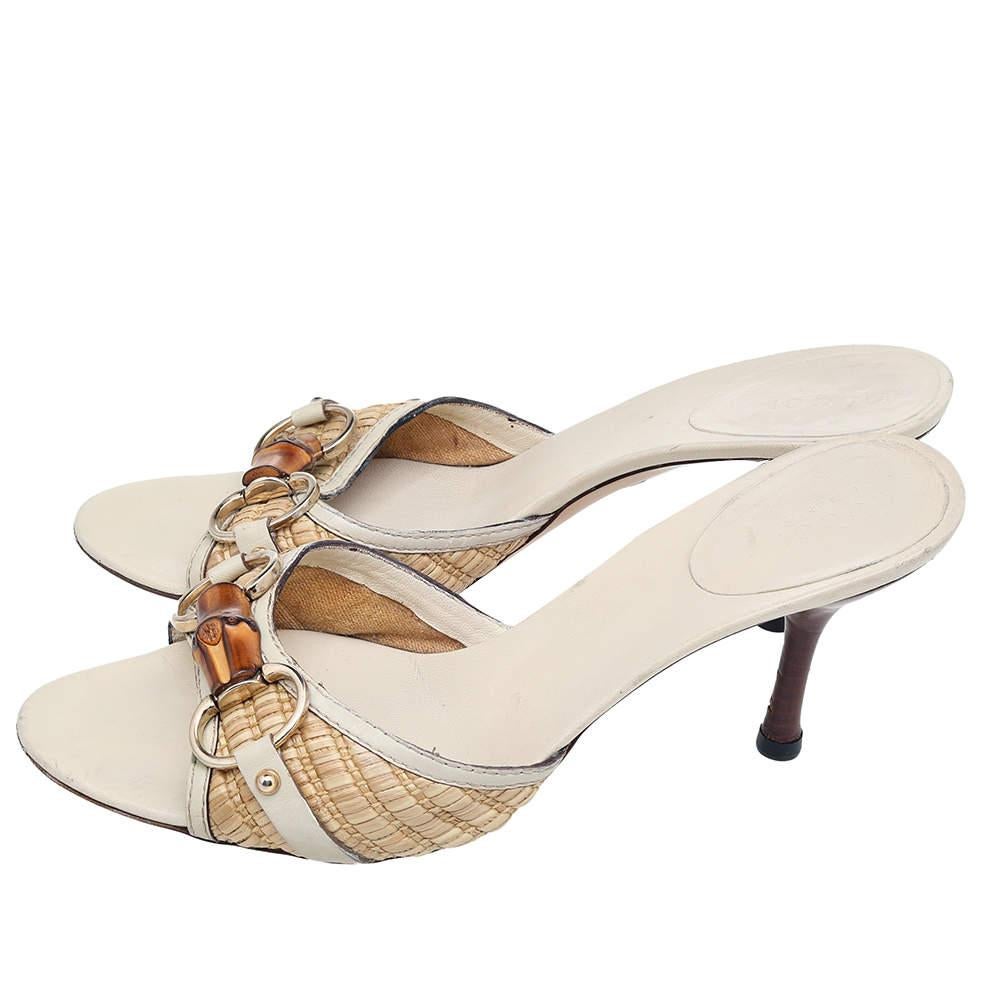 Women's Gucci Beige Raffia And Leather Bamboo Horsebit Slide Sandals Size 36.5