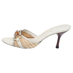 Gucci Beige Raffia And Leather Bamboo Horsebit Slide Sandals Size 36.5
