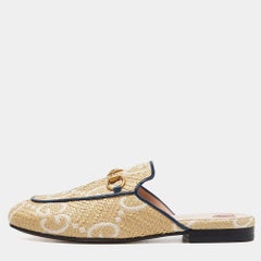 Gucci Beige Raffia and Leather Princetown Mules Size 36