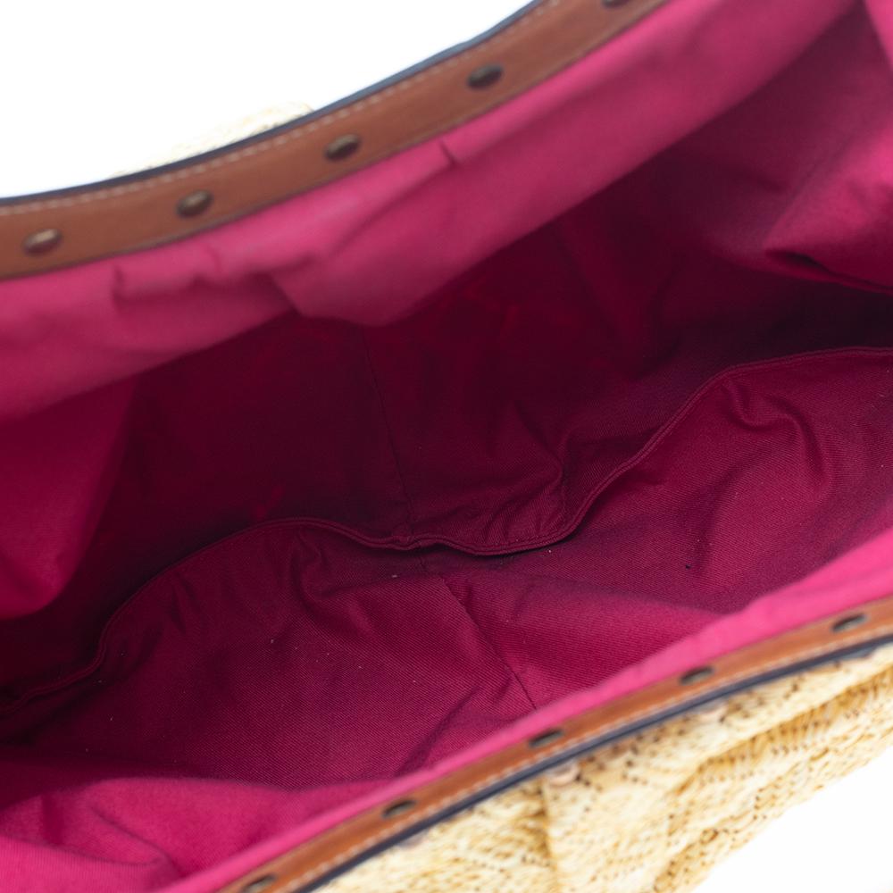 Beige Raffia Bambus-Hobo mit Blumendruck von Gucci 7