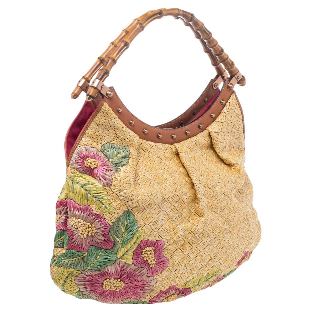 Beige Raffia Bambus-Hobo mit Blumendruck von Gucci Damen