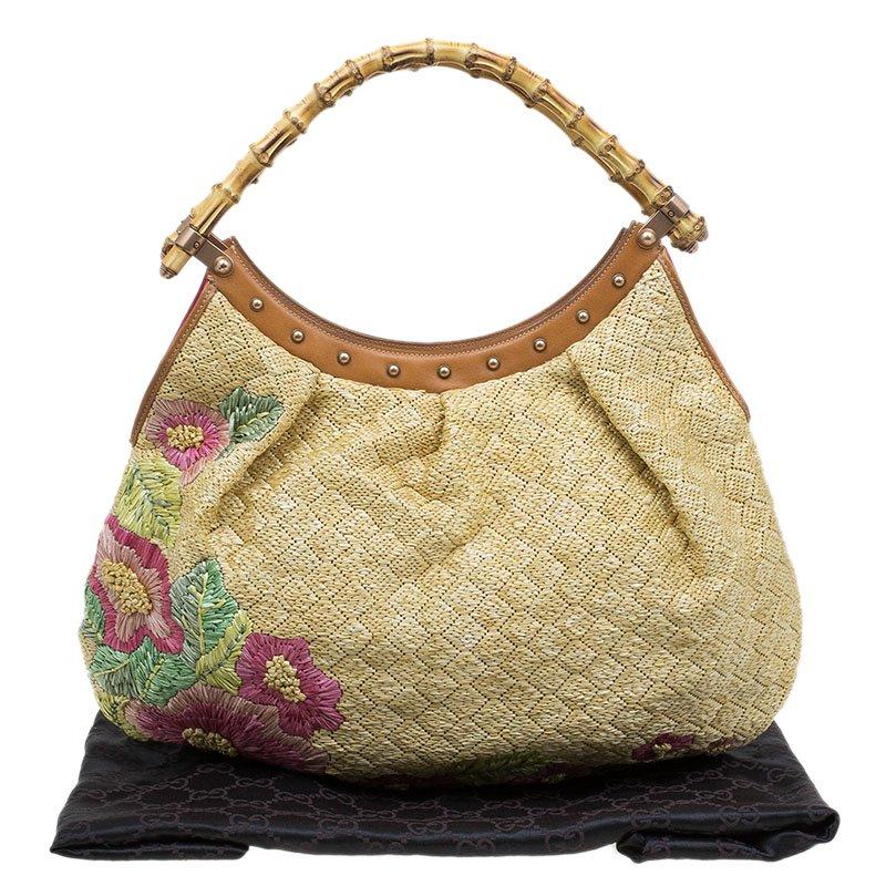 Women's Gucci Beige Raffia Floral Print Bamboo Hobo