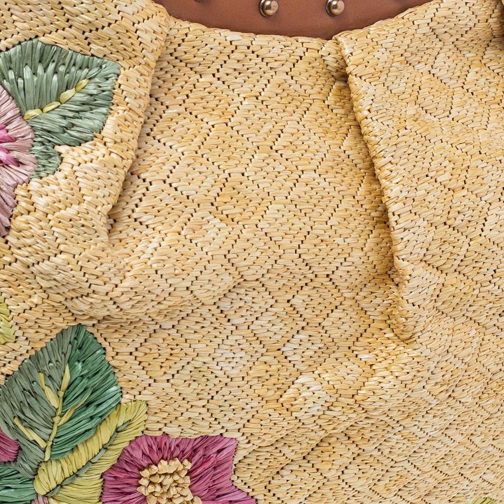 Beige Raffia Bambus-Hobo mit Blumendruck von Gucci 3