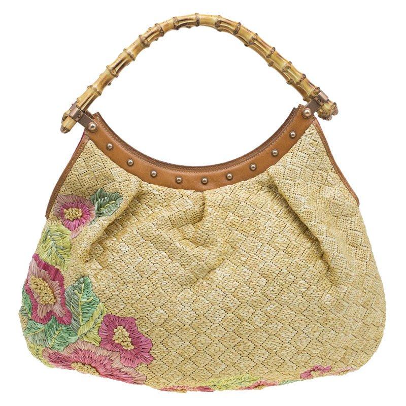 Gucci Beige Raffia Floral Print Bamboo Hobo 3