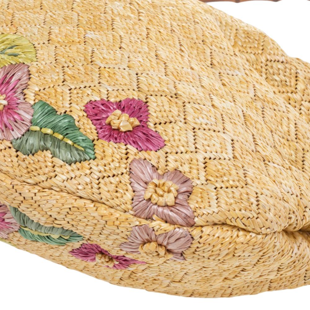 Beige Raffia Bambus-Hobo mit Blumendruck von Gucci 4