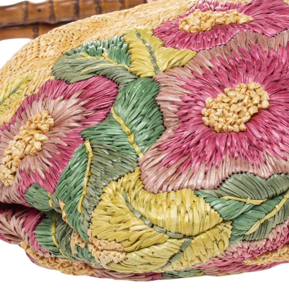Beige Raffia Bambus-Hobo mit Blumendruck von Gucci 5