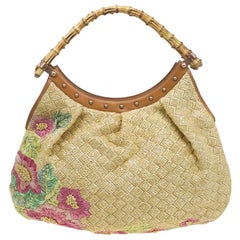 Gucci Beige Raffia Floral Print Bamboo Hobo