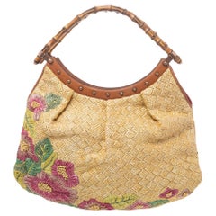 Gucci Beige Raffia Floral Print Bamboo Hobo