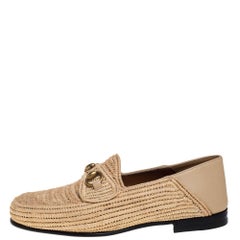 Gucci Beige Raffia Jordaan Horsebit Slip On Loafers Size 41.5
