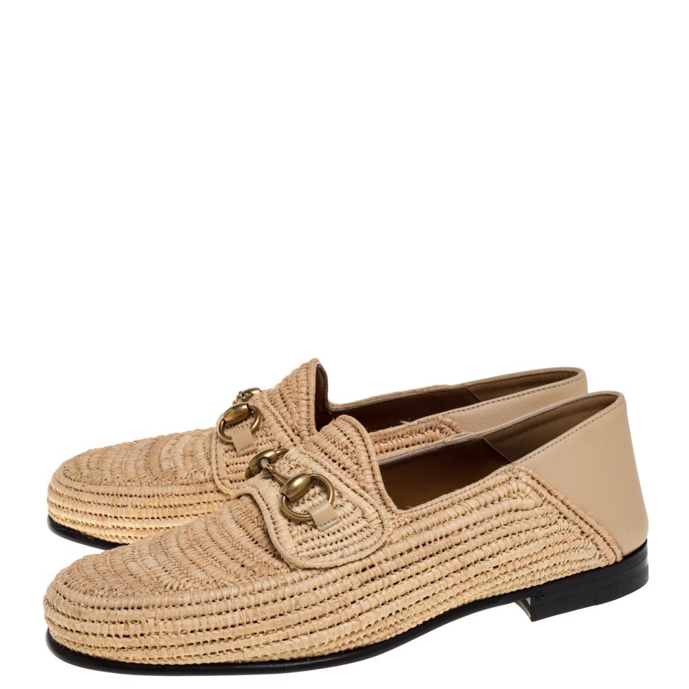 De las mujeres Gucci Raffia Beige Jordaan Horsebit Slip On Mocasines Talla 41.5
