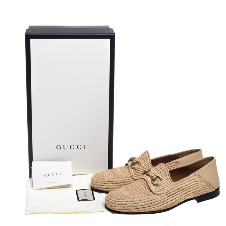 Gucci Beige Raffia Jordaan Horsebit Slip On Loafers Size 41.5 at 1stDibs