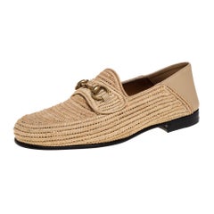 Gucci Beige Raffia Jordaan Horsebit Slip On Loafers Größe 41::5