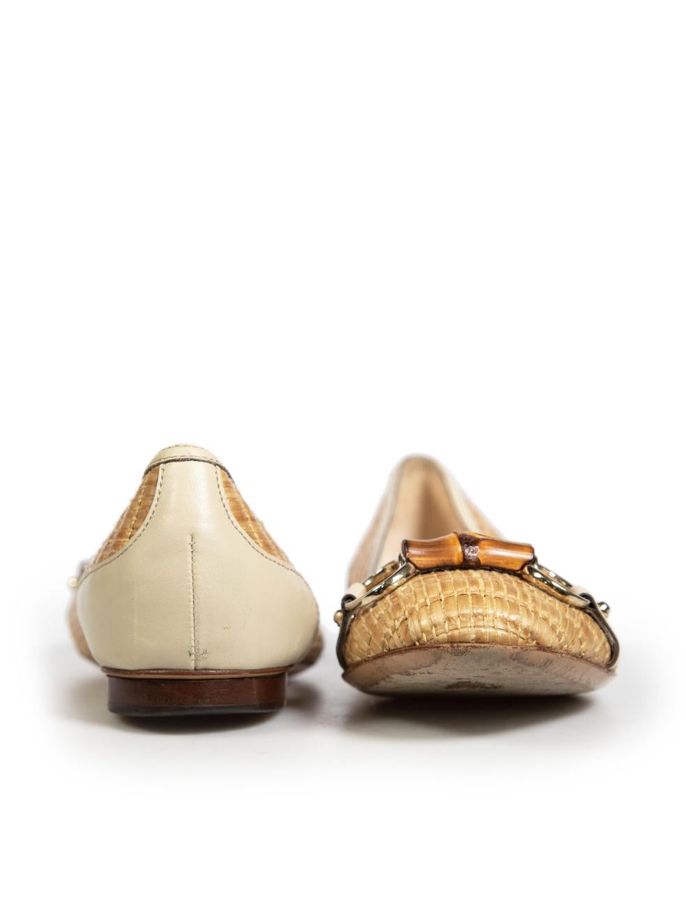 Orange Gucci Beige Raffia & Leather Bamboo Horsebit Flats Size US 8