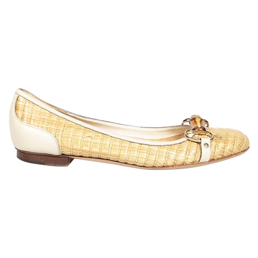 Gucci Beige Raffia & Leather Bamboo Horsebit Flats Size US 8