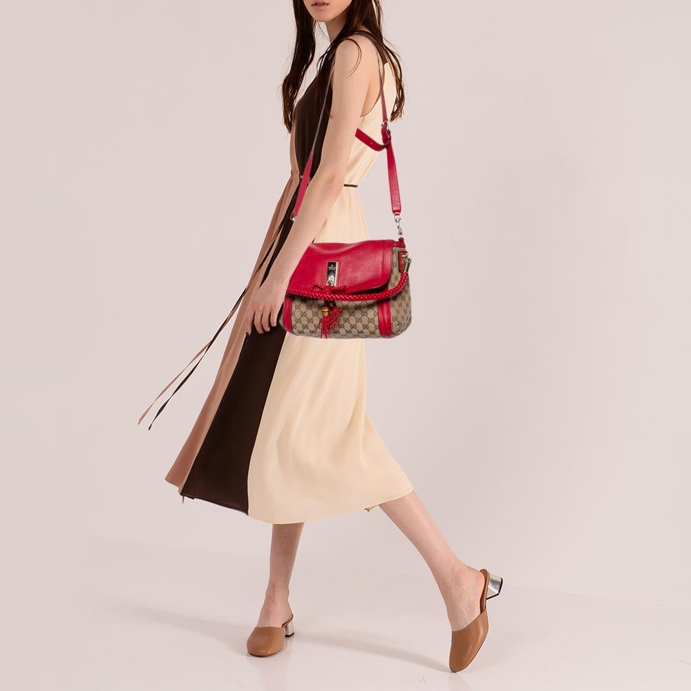 Pink Gucci Beige/Red Canvas And Leather Flap Bella Shoulder Bag