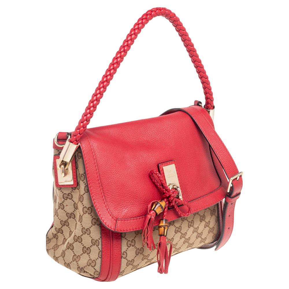 Gucci Beige/Red Canvas And Leather Flap Bella Shoulder Bag In Good Condition In Dubai, Al Qouz 2