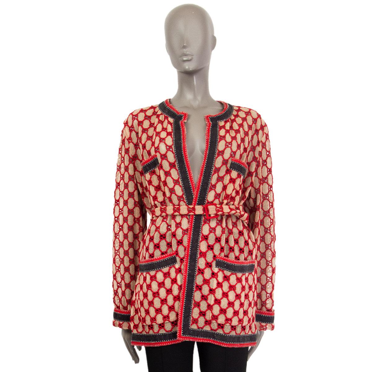 GUCCI beige & rot Baumwolle GG MACRAME BELTED OVERSIZED Jacke 40 S (Pink)