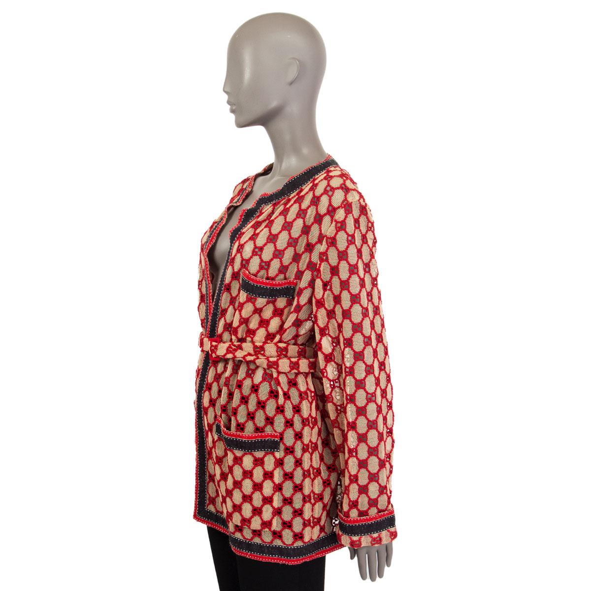 GUCCI beige & rot Baumwolle GG MACRAME BELTED OVERSIZED Jacke 40 S im Zustand „Hervorragend“ in Zürich, CH