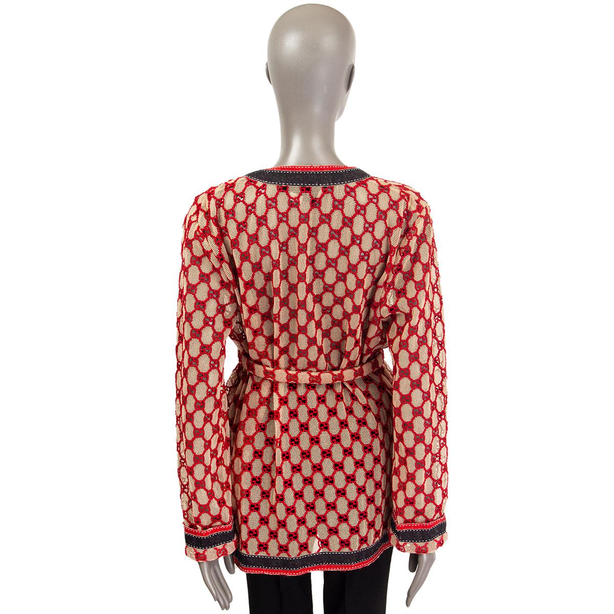 GUCCI beige & rot Baumwolle GG MACRAME BELTED OVERSIZED Jacke 40 S Damen