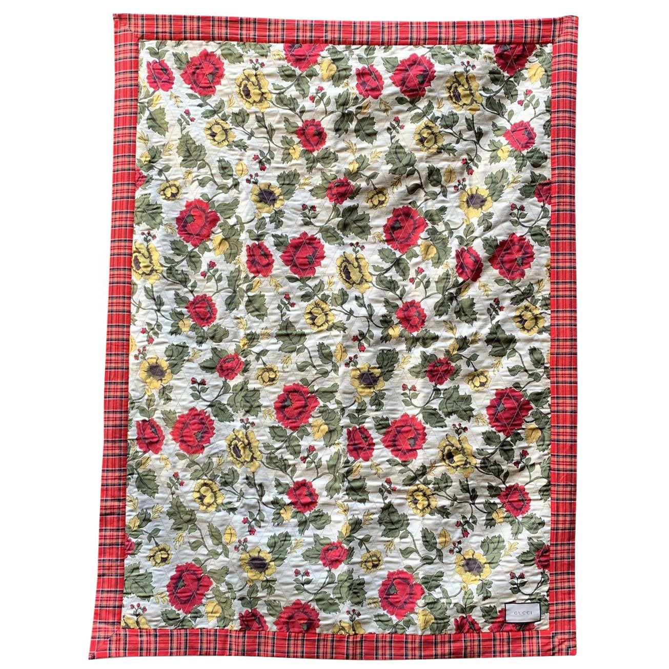 Gucci Beige Red Floral and Tartan Check Print Quilted Blanket