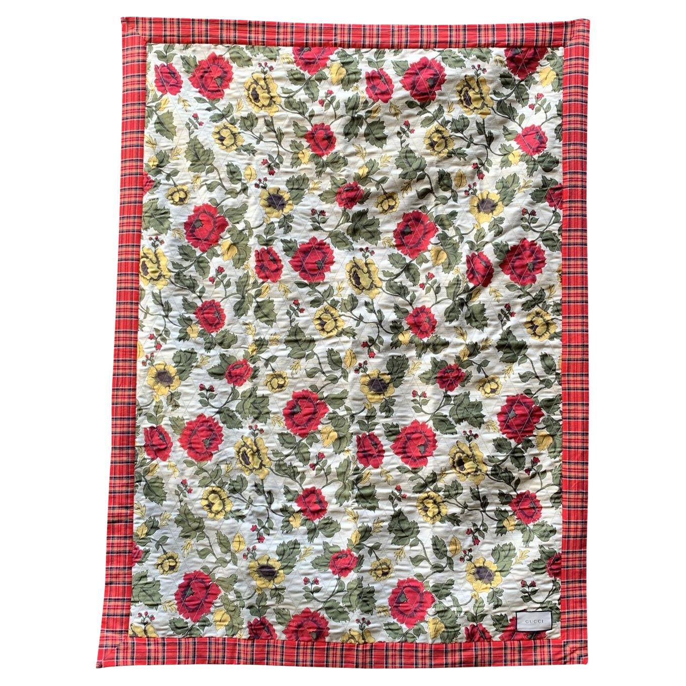 Gucci Beige Red Floral and Tartan Check Print Quilted Blanket For Sale
