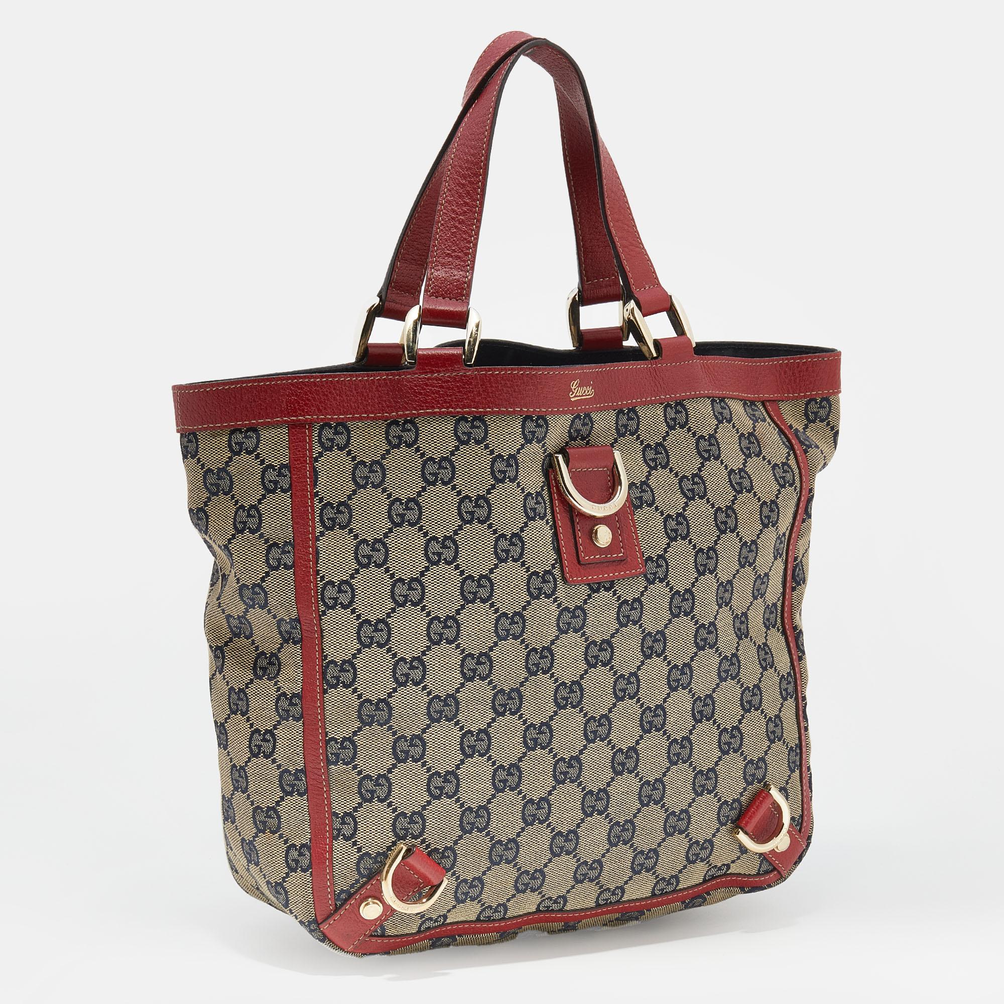Gucci Beige/Red GG Canvas And Leather Abbey D Ring Hobo In Good Condition In Dubai, Al Qouz 2