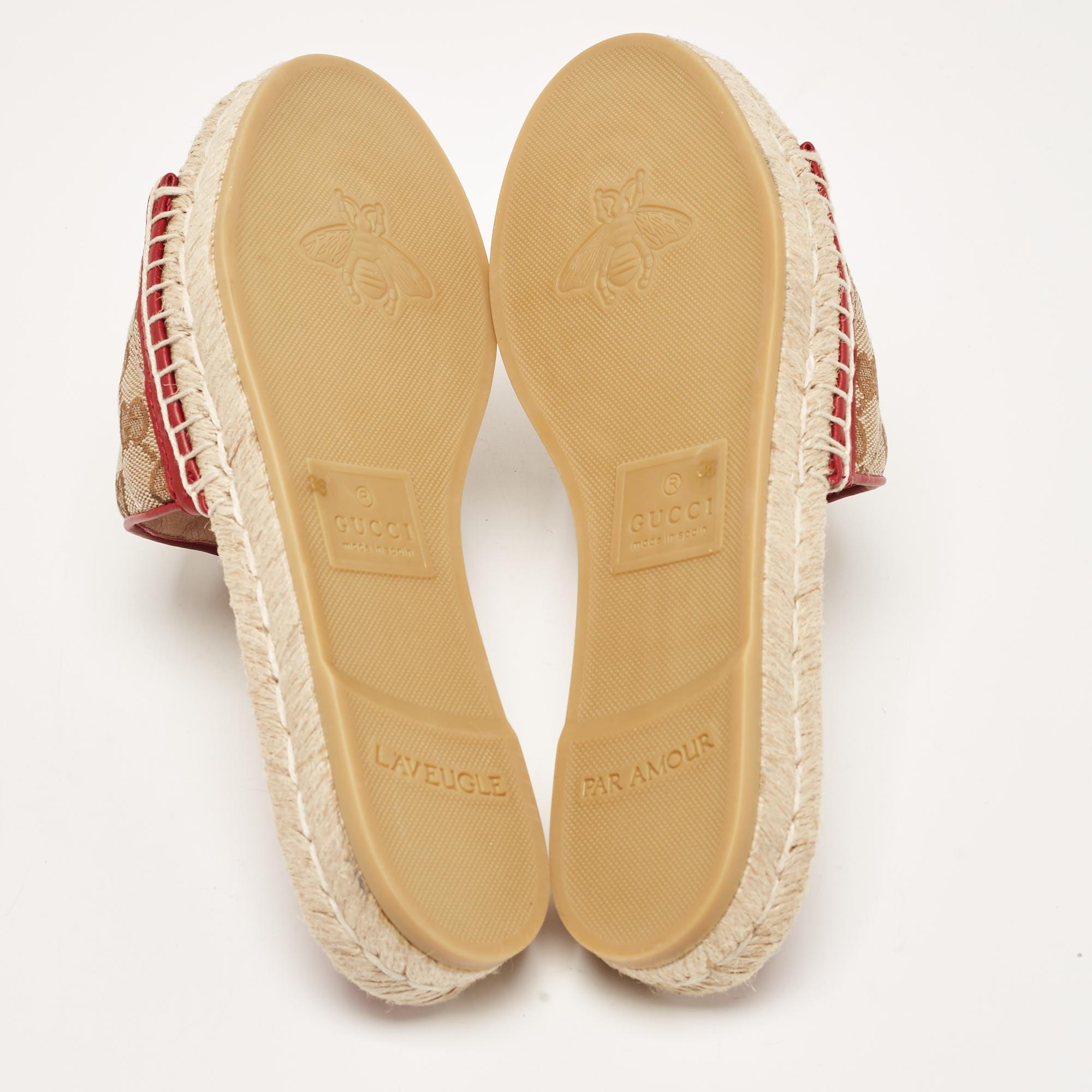 Gucci Beige/Red GG Canvas and Leather Double G Flat Slides Size 36 1